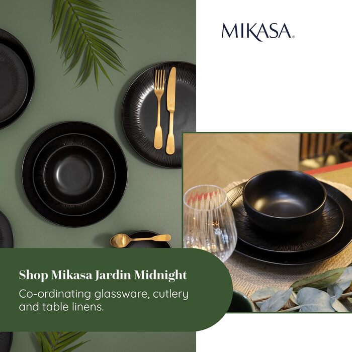 Набір посуду Mikasa Jardin Midnight (12 предметів) для 4 осіб: тарілки, супові тарілки, миски, зелений колір, подарункова коробка, придатний для миття в посудомийній машині