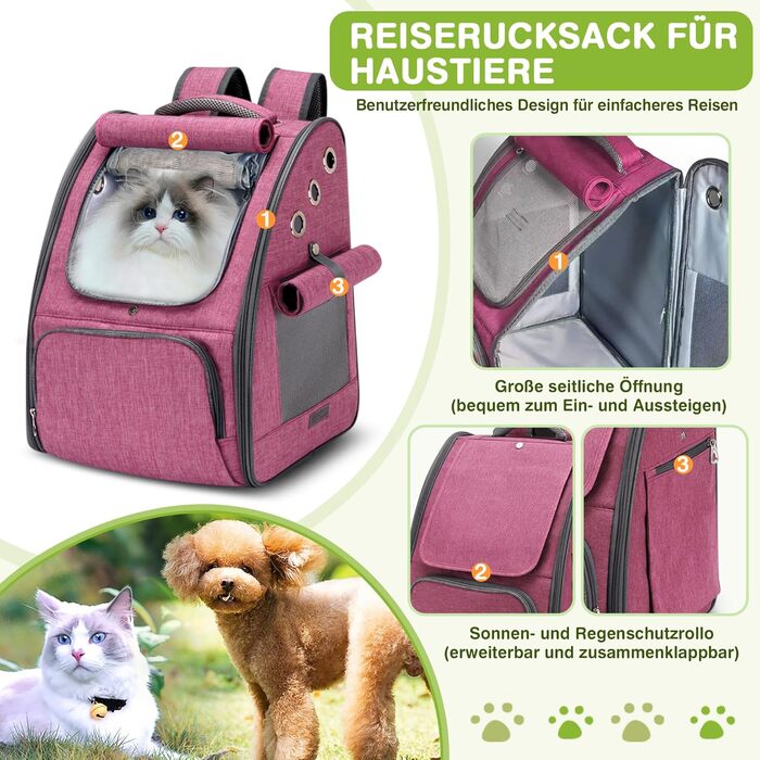 Рюкзак для котів та собак ALLSOPETS, складний, дихаючий, з сонцезахистом, для маленьких котів та собак, ідеальний для подорожей, кемпінгу та піших прогулянок (Беerenроже)