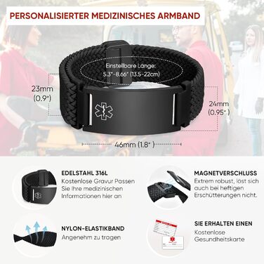 Браслет тривоги FLHEART з персоналізованою гравіюванням: медичний браслет SOS для діабету, епілепсії, алергії. Чоловічий/жіночий, чорний, з магнітною застібкою.