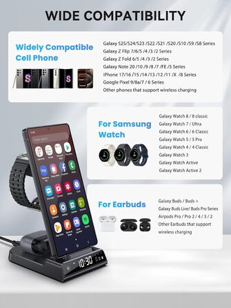 Бездротовий зарядний пристрій 3-в-1 для Samsung Galaxy S25 Ultra, Watch 8/7/Ultra, Buds, чорний