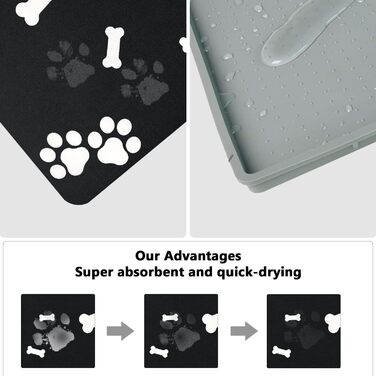 Килимок для годування домашніх тварин, надпоглинувач, для собак та котів, з антиковзким гумовим дном, швидковисихаючий, можна прати, 40 x 60 см, 2 пари малюнків лап, чистий чорний кістяний візерунок