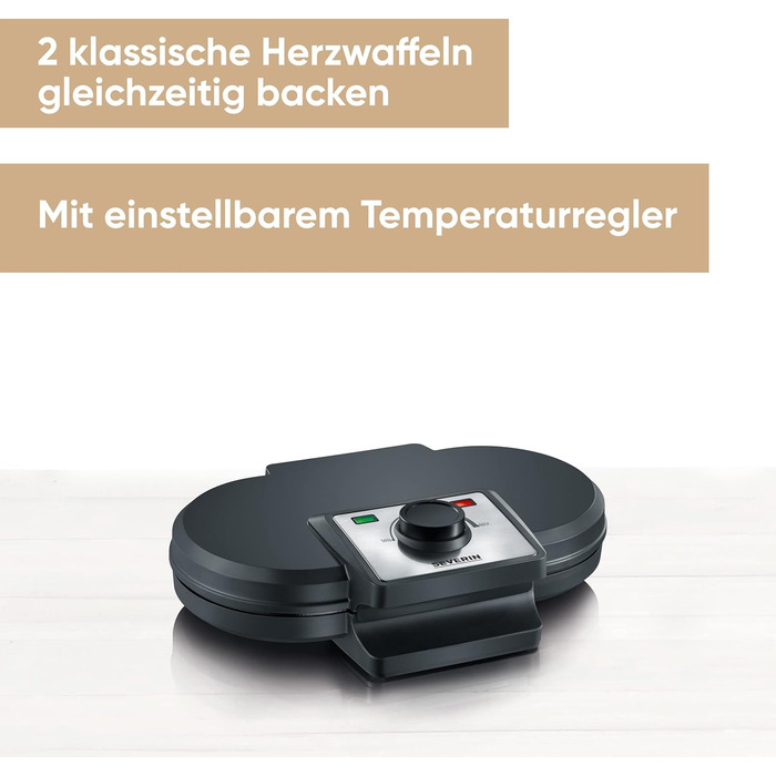 Severin WA 2106 Heart-Shaped Waffle Maker - Anti-Stick Coating, Slim Design, 1200W - Black