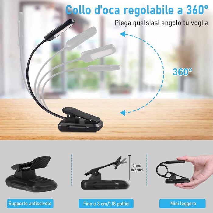 LED-лампа Diboniur для читання з кліпсою, 9 світлодіодів, 3 режими кольору та 3 рівні яскравості, USB-зарядка, гнучка на 360°, для книг в ліжку, енергоклас A+++