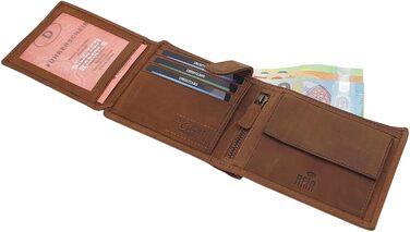 myledershop Genuine Buffalo Leather Wallet/Bifold Wallet/Card Holder/Money Bag in Portrait or Landscape Format with Wolf Design and RFID & NFC Protection (Model 2 / Landscape/Cognac)