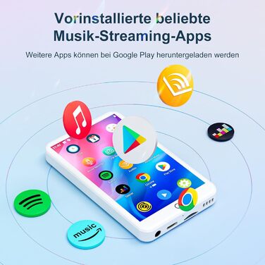 MP3-плеєр MECHEN на Android 9.0 з Wi-Fi та Bluetooth, 4-дюймовий сенсорний екран, підтримка Spotify, Amazon Music, Audible, радіо, білий колір — ідеальний для спорту, подорожей та дітей