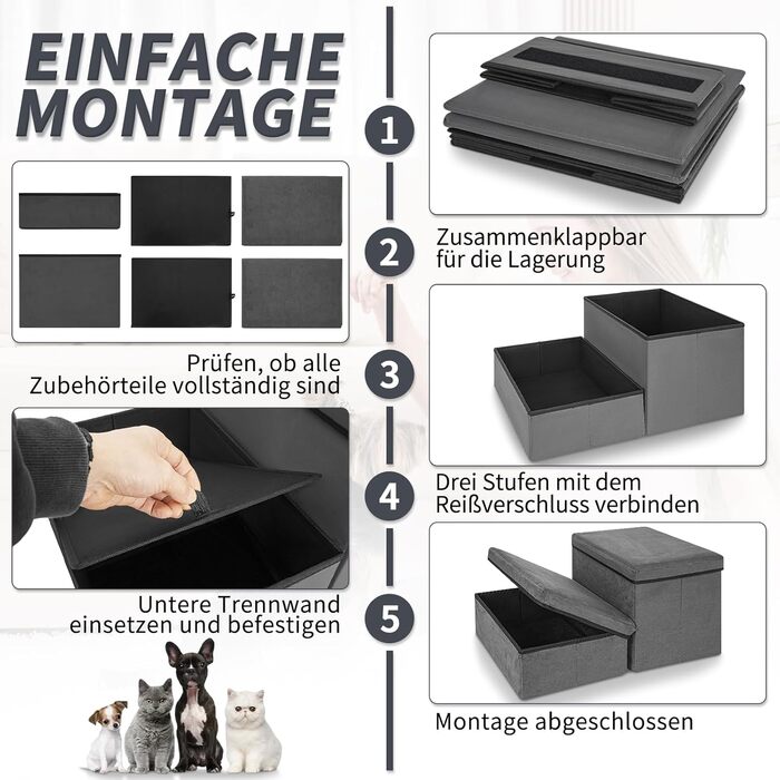 Сходинка для собак та котів Haustiertreppe, складана з місцем для зберігання, сіра (2 сходинки)