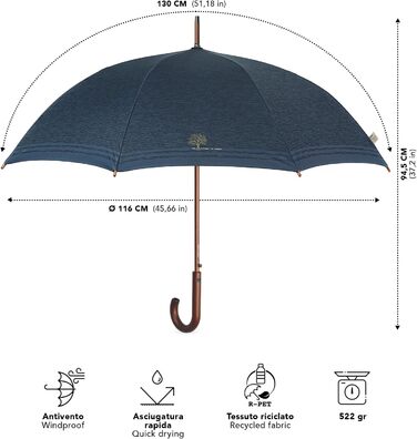 Perletti Green Eco-Friendly Women's Umbrella - Large Automatic Rain Umbrella with Recycled Materials & White Flower Design (Blue, 102cm Diameter)