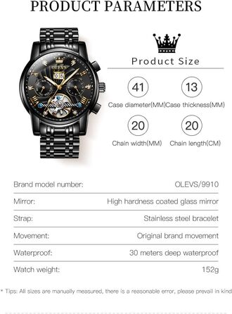 Чоловічий автоматичний скелетон-годинник OLEVS: механічний люксовий годинник із багатофункціональним календарем, водонепроникний, сталевий корпус, чорний