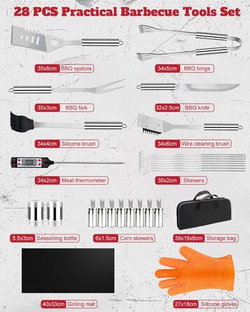 Набір гриль-посуду 11 предметів, 34 см, нержавіюча сталь. Комплектація: щипці, виделка, кейс. Практичний багатофункціональний набір для барбекю, подарунок для чоловіків (срібний)