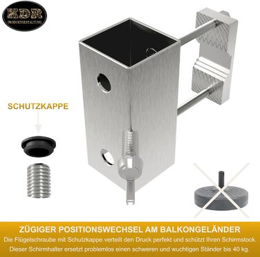 Stainless steel umbrella holder for balcony railings, round and square. Umbrella bracket suitable for umbrellas up to 270 cm. Balcony umbrella stand, stable square bracket, secure attachment to the railing.