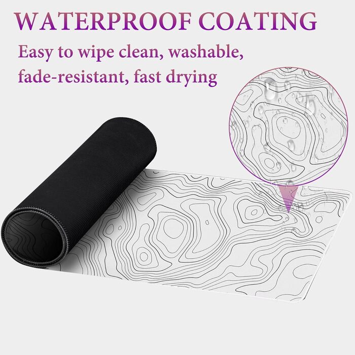 HAUTOCO Килимок для миші ігровий XXL 800x300 мм, чорний з топографічною сіткою, антиковзаюча гума, для комп'ютера, покращена швидкість та точність