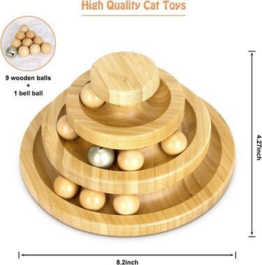 Cat Toy Self-Entertainment, Interactive Bamboo Cat Toy THREE Tiers Rotating Smart Track Ball Swing Roller with Bells