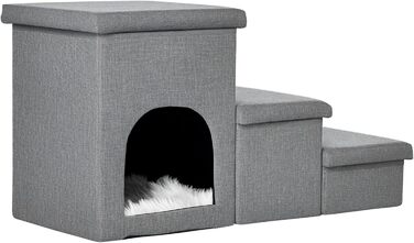 PawHut Сходинка для собак 3 сходинки, 40.5 см, з подушкою-печериною, місцем для зберігання, для котів та маленьких собак, сірого кольору, для ліжка, дивану, авто