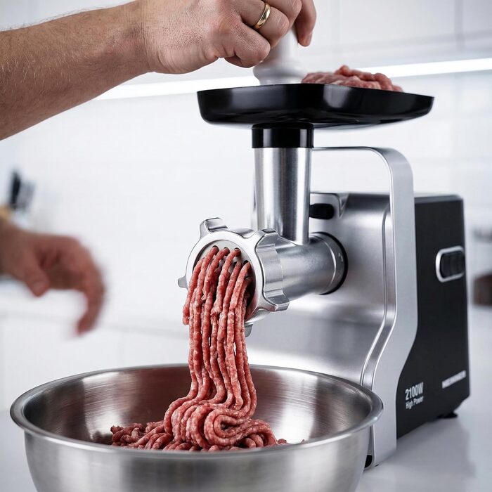 М'ясорубка електрична MG-2100BKSL 2100 Вт, нержавіюча сталь, чорно-срібна - 1.8 кг/хв, насадки для ковбас та томатів, реверс