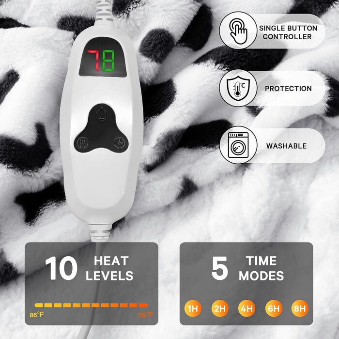 Електрична гріюча ковдра з принтом корів, подвійний розмір, 157 x 213 см, фіолетовий колір, 10 температурних режимів, автоматичне вимкнення через 8 годин, фліс, sherpa, тепла, подарунок для жінок, розмір 62'x84' (72'x84', чорно-біла корова)