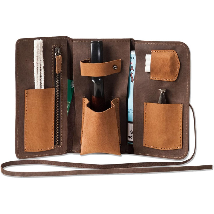Woodland Tobacco Pipe and Accessories Case made from soft, natural unfinished buffalo leather in a taupe/dark brown-cognac combination