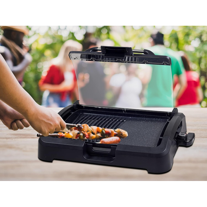 BEPER Electric Grill with Glass Lid - Non-Stick Coated Grill Plate, Stainless Steel, 2200W, Black