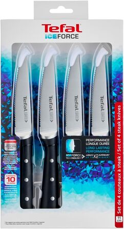 Набір ножів Tefal Ice Force 3 шт. (м'ясний 20 см, Сантоку 18 см, універсальний 11 см) + ніж для стейків, нержавіюча сталь, чорний, K232S3