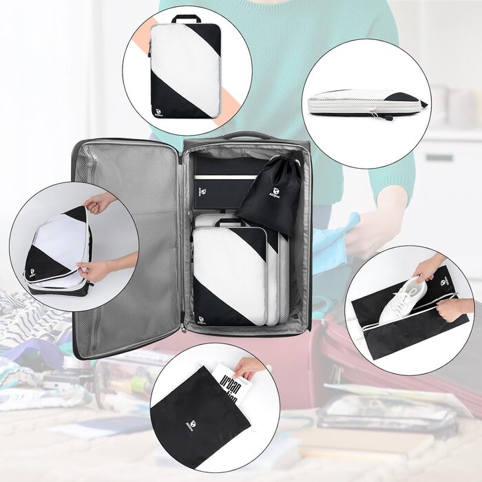 Органайзери для валіз AiQInu, 5 шт. - Набір для пакування з компресійними мішками, мішок для білизни та для взуття. Легкі, розширювані, для ручної поклажі (Чорний)