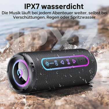 Портативна Bluetooth колонка 25W з підсвіткою, двопотоковим басом та захистом IPX7, TWS стерео, акумулятор на 24 години, чорна