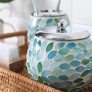 Набір аксесуарів для ванної кімнати KMWARES з мозаїчного скла, 4 шт. (диспенсер для мила, стакан для зубних щіток, піднос для косметики), блакитний, зелений, білий