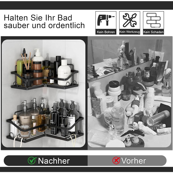 Набір кутових поличок для душу без свердління, 3 шт. з мильничкою, чорного кольору. Організатор для ванної кімнати з 12 гачками. Підходить для ванної та кухні.