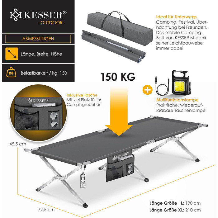 Кемпінгове ліжко KESSER® розкладне з сумкою, ліхтарем та бічною кишенею. Стабільне металеве ліжко для відпочинку та подорожей, 150 кг, 190/210 см. Оксфорд 600D.
