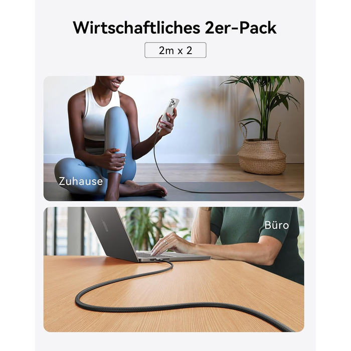 Кабель USB-C 240W з LED-підсвічуванням, 2 шт. (2м+2м), нейлон, для iPhone, Samsung, Pixel, iPad, MacBook