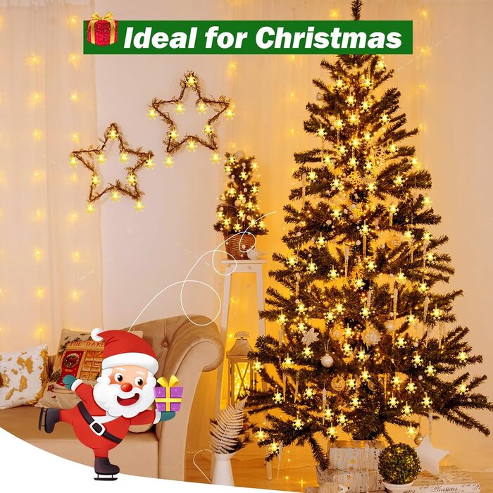 LED гірлянда Шнеєфлоке, 6 м, 40 LED, на батарейках, з таймером, IP65, вологостійка, для декору саду, дому, кемпінгу, Різдва, тепле біле світло