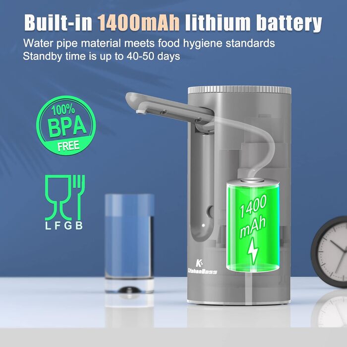 Електрична помпа для води KitchenBoss, USB зарядка, для бутлів 1-5 галонів, портативний диспенсер для води