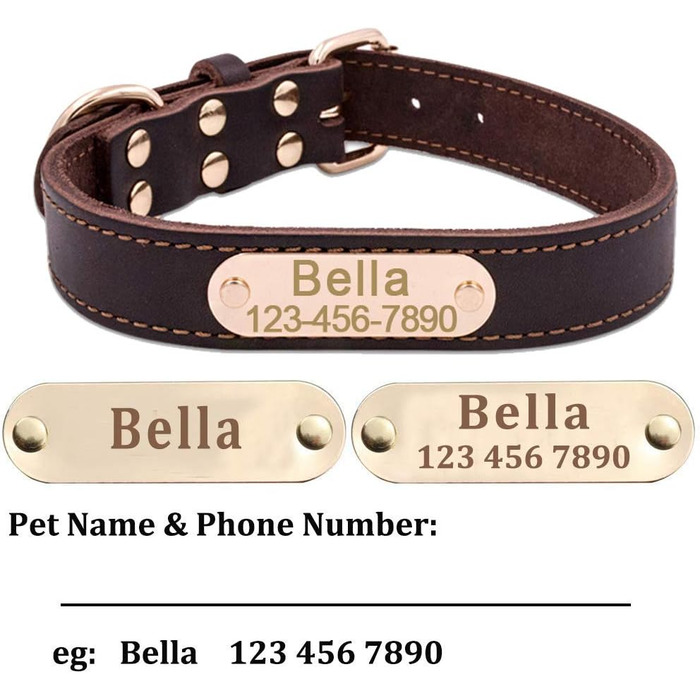 Персоналізоване шкіряне нашийник для собак з гравіюванням імені та номером телефону, ідентифікаційний нашийник для собак, підходить для собак маленьких, середніх та великих порід, L (ширина 3 см, обхват шиї 50–60 см), Колір: Коричневий
