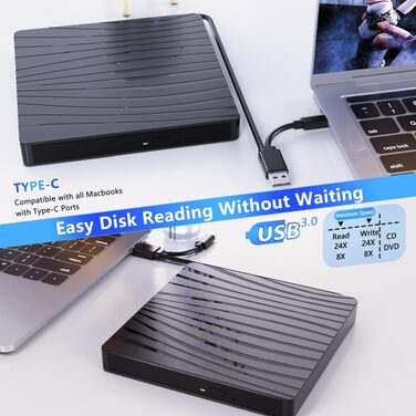Зовнішній DVD-накопичувач USB 3.0 та Type-C, портативний CD/DVD +/-RW записувач для ноутбука, ПК, MacBook, iMac (Windows, macOS, Linux), чорний