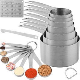 Measuring cup and spoon set, 7 stainless steel measuring cups and 8 measuring spoons and 1 measuring ingredient leveling tool and 1 magnetic conversion chart and 2 rings (19 pieces)