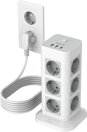 Блок розеток TESSAN із захистом від перенапруги 3600W 16A, 12 розеток з USB-C та 2 USB-A, мережевий кабель 2м, розподільник розеток для дому, сірий