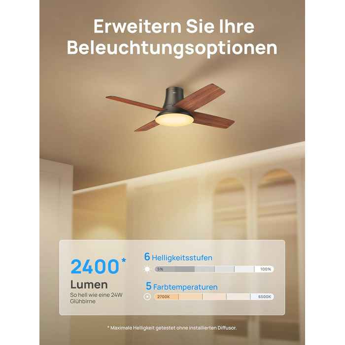 Стеляний вентилятор Dreo з підсвічуванням та пультом керування, 112 см (44 дюйми), плоский, чорний, реверсивний, 5 лопатей, 6 рівнів регулювання яскравості, 6 швидкостей, тихий, з таймером, легка установка для спальні