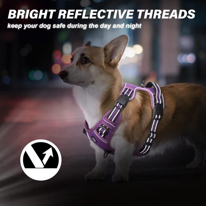 Нашийник для собак No-Pull, грудна шлейка для малих, середніх та великих собак - м'яка, дихаюча, регульована, світловідбиваюча, анти-тяга з м'яким гачком, фіолетовий M