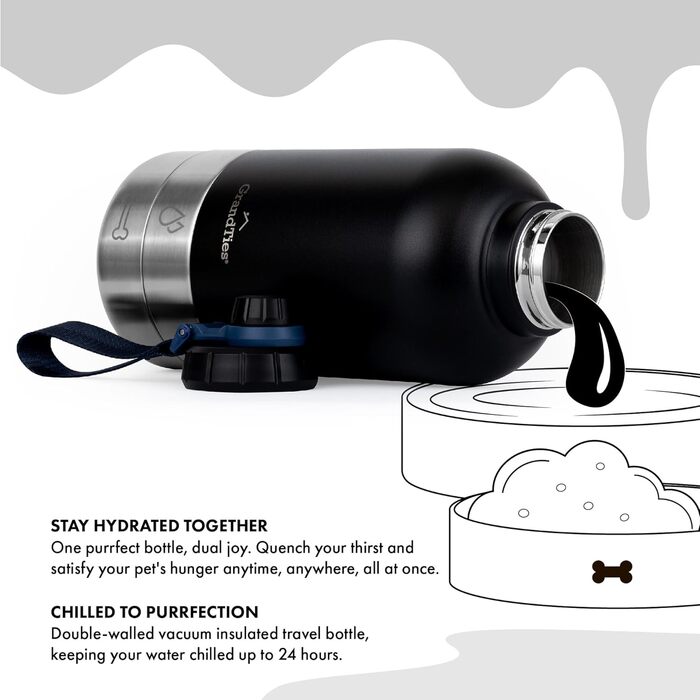GrandTies Ізольована портативна пляшка для води для собак з двома знімними диспенсерами для мисок, витокозахисний контейнер для корму для собак, аксесуари для собак для прогулянок, походів, кемпінгу (950 мл, Пудровий зелений) (Чорний Midnight, Великий 64o