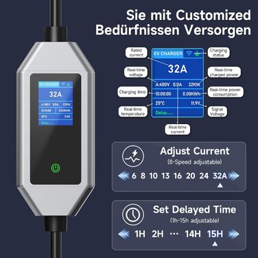 Кабель для зарядки електромобіля Type 2 Schuko 3.68kW 6м, 6-16A, з цифровим дисплеєм та таймером відкладеного старту