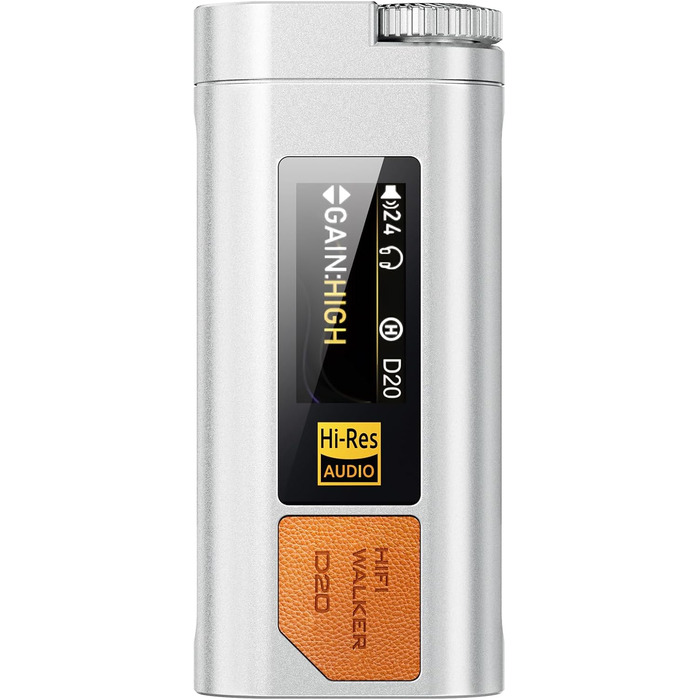 HIFI WALKER D20 DAC512: Портативний підсилювач/ЦАП для навушників – USB ЦАП Hi-Res аудіо з 4.4 мм балансним та 3.5 мм виходом, ES9038Q2M + CT7601PR, підтримка PCM 768 кГц/DSD512, алюміній, OLED дисплей, сріблястий