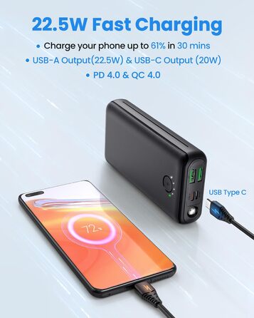 Power Bank JIGA 27000mAh 22.5W з PD 20W, USB-C, ліхтарик, чорний, сумісний з iPhone, Samsung, Huawei, iPad