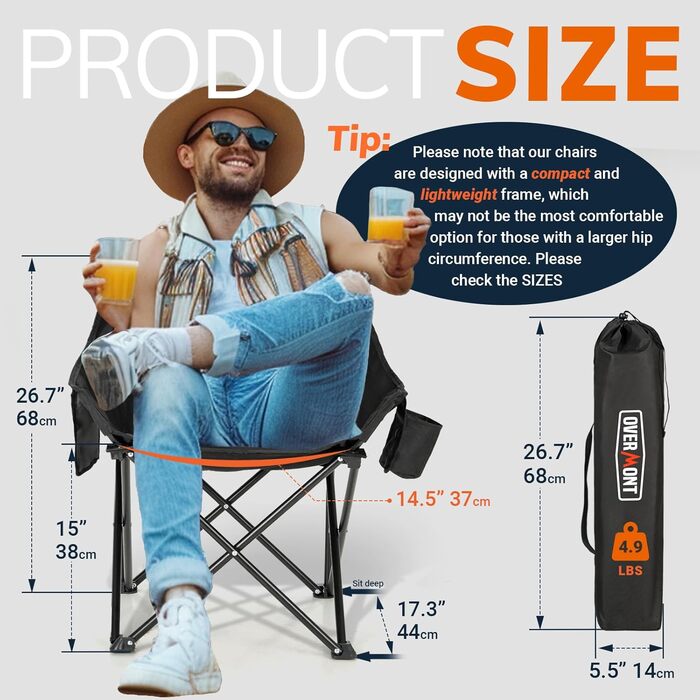 Набір складних кемпінгових стільців OVERMONT (2 шт.) до 135 кг з сумкою для транспортування - для саду, балкону, пляжу, риболовлі, чорний