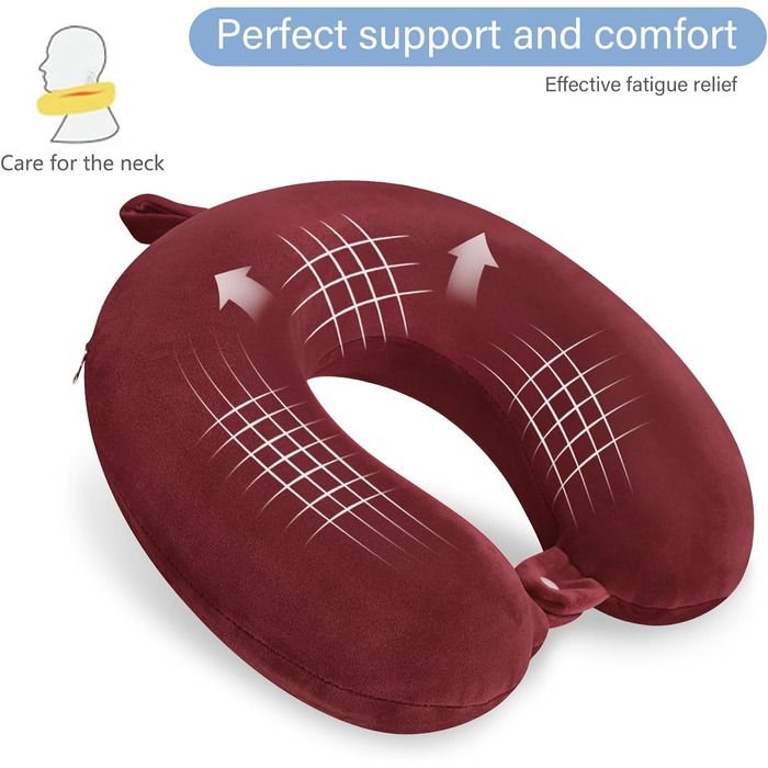 Подушка для шиї з Memory Foam, зручна для подорожей, U-подібна форма, підтримка шиї та голови, зменшує втому, портативна, для літаків, поїздів, авто (темно-червоний)