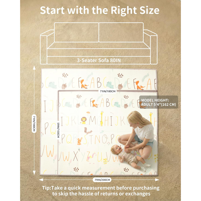 Дитячий килимок для ігор Krabbelmatte, 150x180 см, водонепроникний, антиковзкий, з сумкою для перенесення, алфавіт