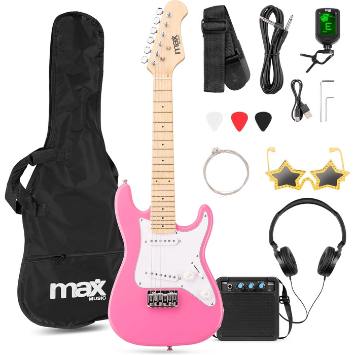 Електрогітара Max GigKit: Повний комплект для початківців (рожева, 1/4, 4/4), з підсилювачем 40W, чохлом, медіатором, ременем, тюнером, кабелем та запасними струнами