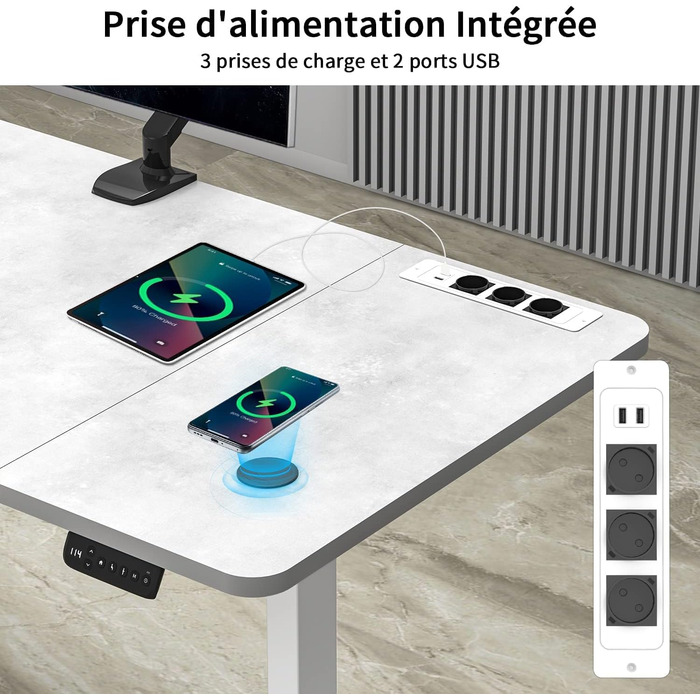 Devoko Adjustable Height Electric Standing Desk with Wireless Charger, Memory Control & Power Outlet - 160x80cm Grey