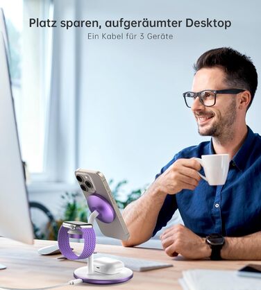 3-в-1 Індукційна Зарядка для Кілька Пристроїв, 15W MagSafe, iPhone 15/14, iWatch Ultra/Series 9/8, AirPods, Білий/Фіолетовий