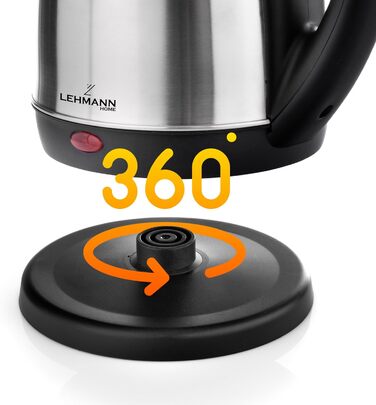 Електричний чайник LEHMANN з нержавіючої сталі, 2200 Вт, 1.8 л, швидке нагрівання, 360° підставка, автовимкнення, захист від перегріву, BPA-Free, для дитячого харчування, чаю та кави, сріблястий