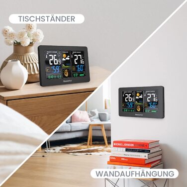 Newentor Weather Station Radio with Outdoor Sensor - Radio Weather Station with Weather Forecast, Temperature Warning, DCF Radio Clock - Battery and Mains Powered, Black