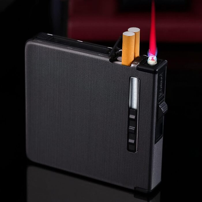 Елегантне Zigarettenetui з запальничкою CAM2, автоматичне витягування, вміщує 20 сигарет, чорний, з металевим малюнком