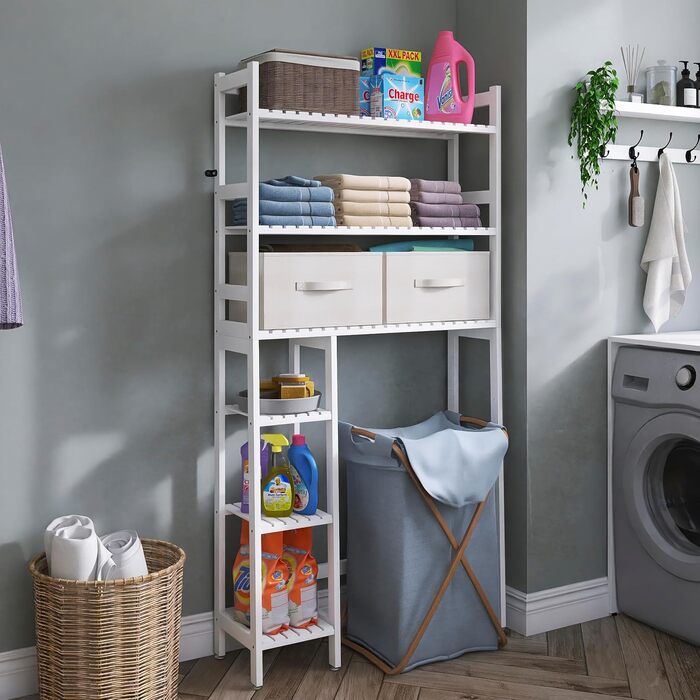 SMIBUY Over The Toilet Storage, 6-Tier Bamboo Bathroom Shelf with Drawers, Freestanding Over the Toilet Organizer Rack, Ample Storage, Space Saver for Small Spaces (Natural) (White)